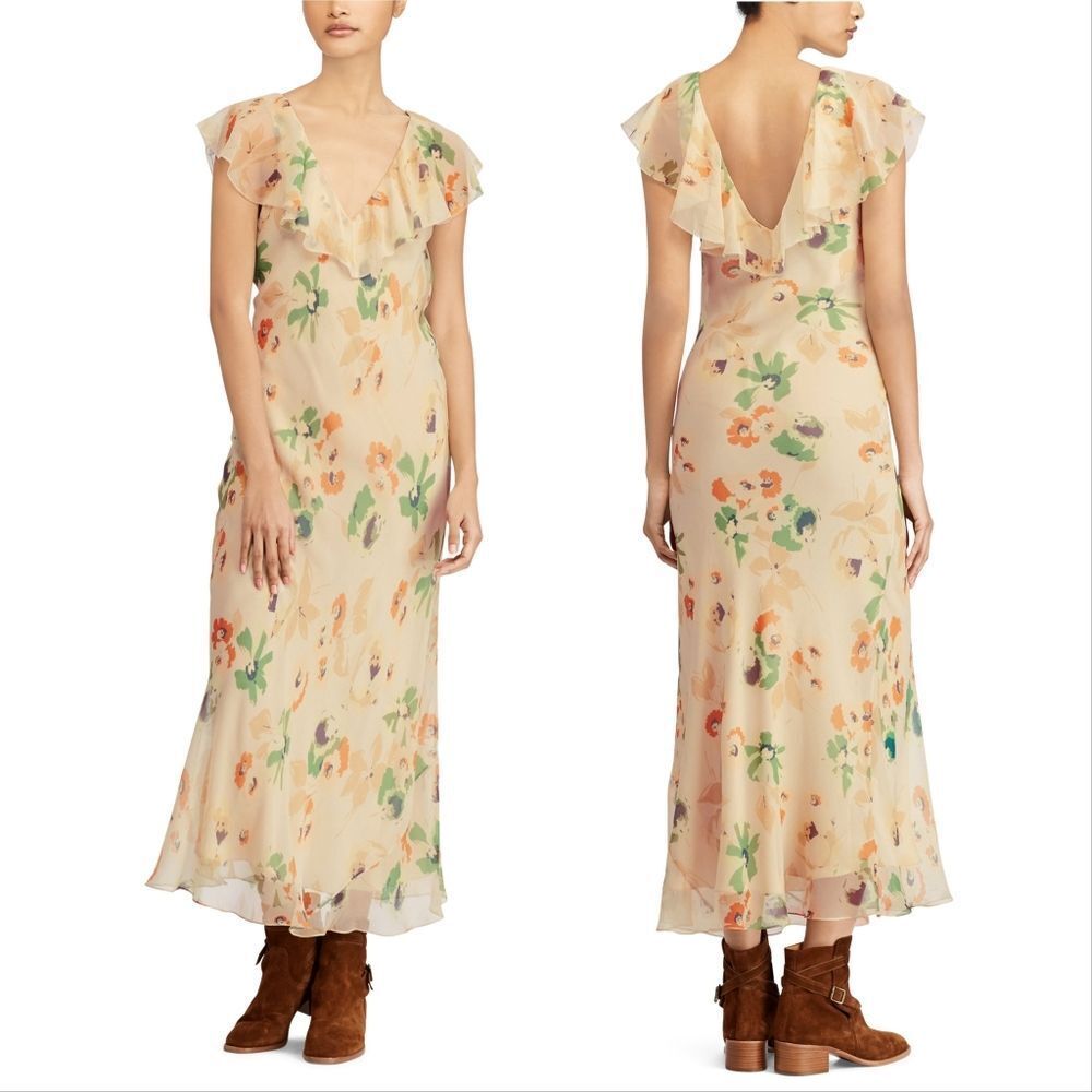 New! RALPH LAUREN Women's 100% Silk Floral Print Ruffled Prairie Dress